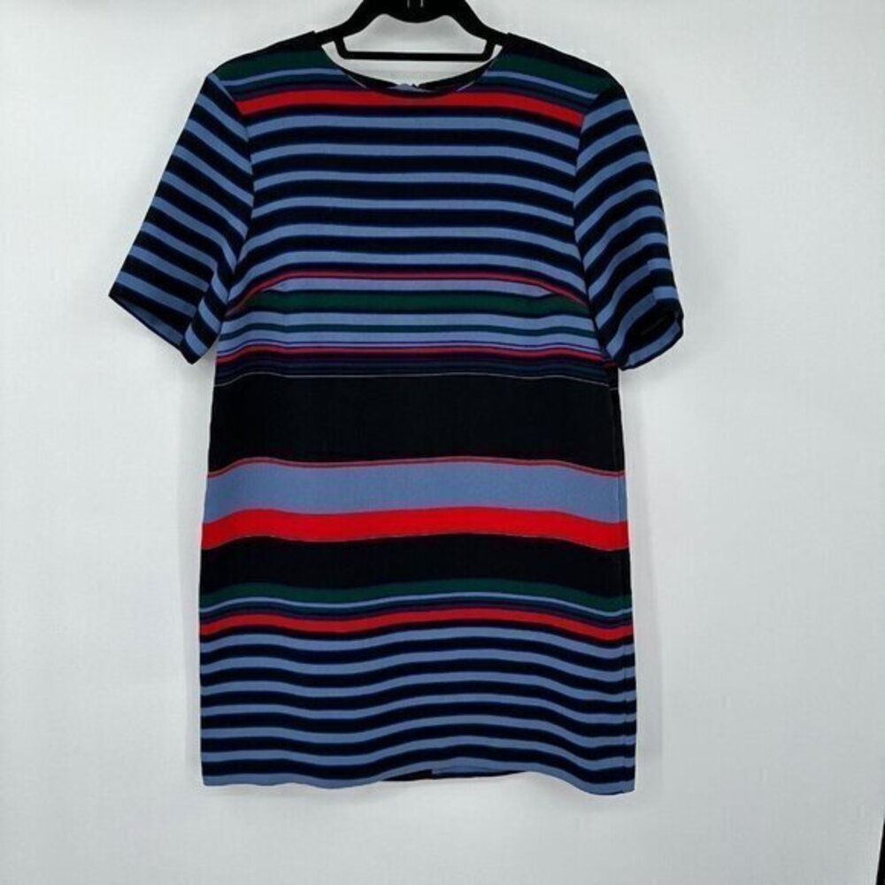 Zara Womens Dress Medium Blue Red Striped Short Sleeves Preppy Zip Closure